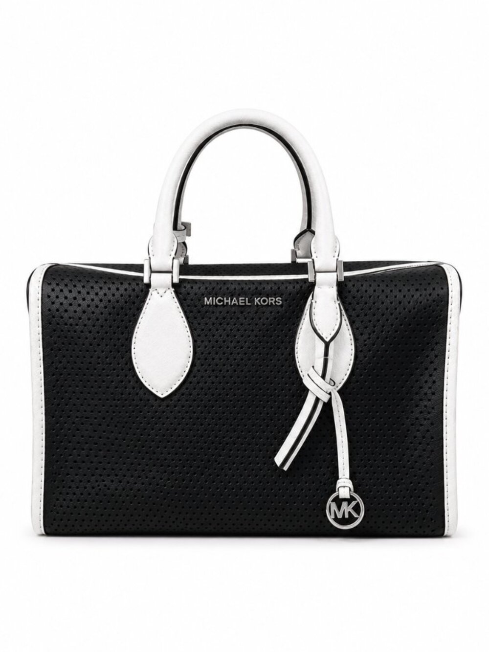 Michael Kors Black & White Perforated Leather Satchel Purse Silver Hardware